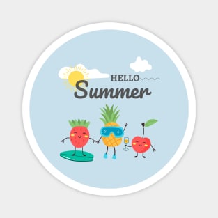 Hello Summer Cool design for summertime. Strawberry, cherry, pineapple with a beach landscape Magnet